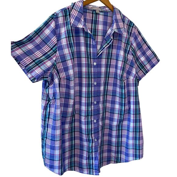 Woman Within Cottage Core Purple & Pink Gingham Short Sleeve Button Up Top 18/20 - Picture 1 of 9